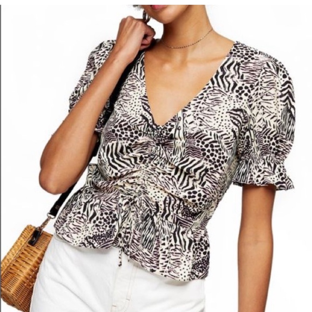 TOPSHOP Margot Black, Tan & Violet Animal Print Ruched Top Size 2